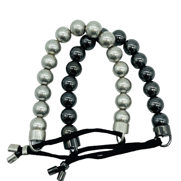 Beaded Bracelets Set Black & Silver Stretchy Adjustable Unisex - Picture 5 of 10